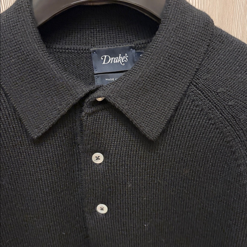 Drakes - Black Merino Wool Knitted Polo - Size M - Picture 4 of 11